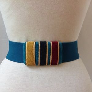 Vintage Blue Stripe Belt Gold Suede Buckle